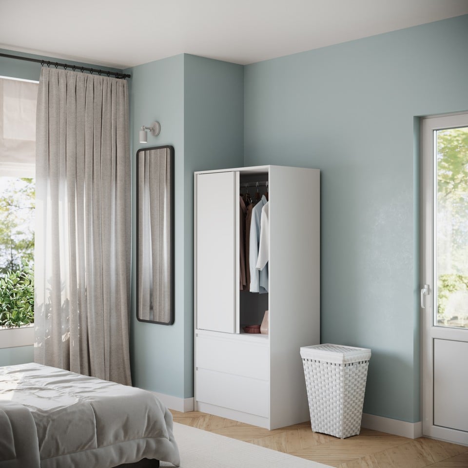 image 1 of URBNLIVING 2 Sliding Door Wardrobe With 2 Drawers And Hanging Rail | White | White Doors | 1