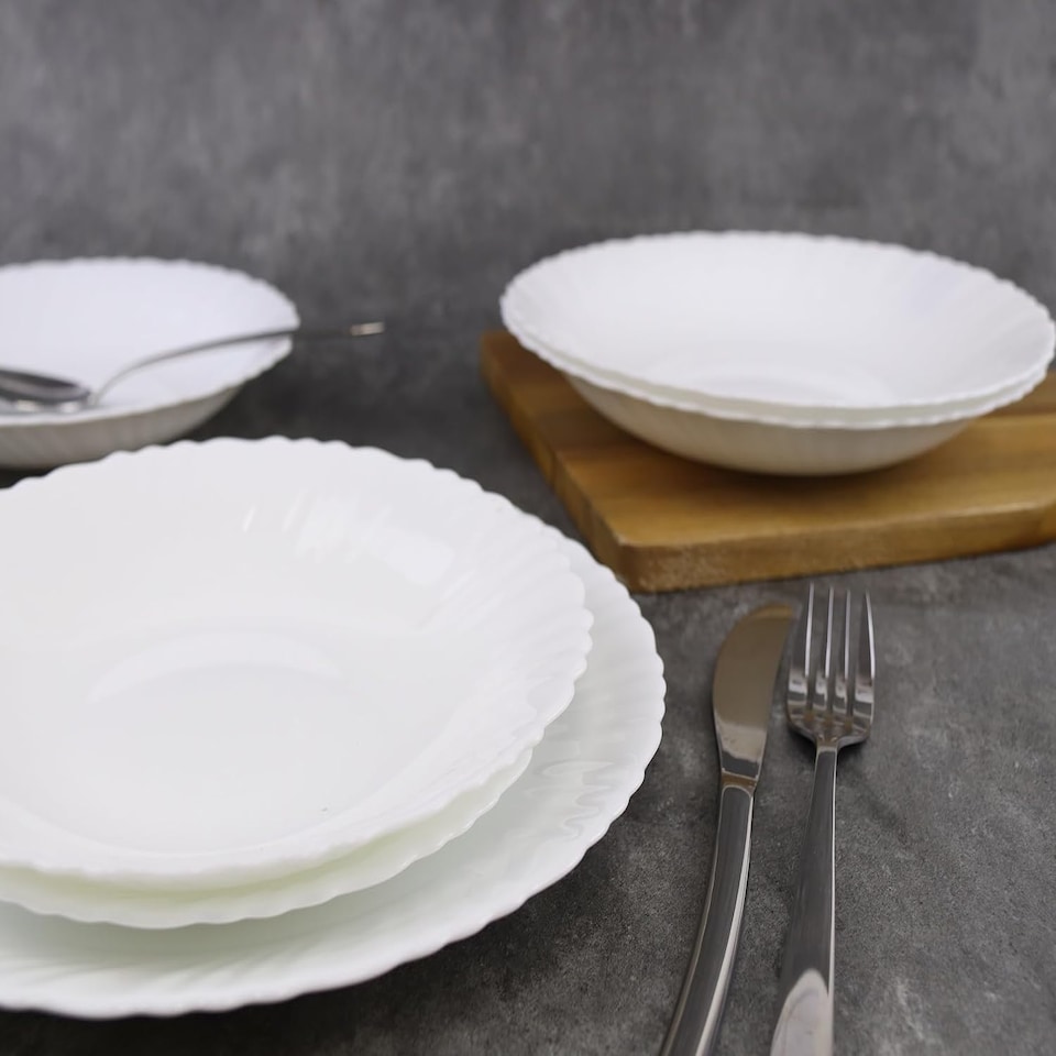 image 1 of White Opal Glass Dinner Set Plates Soup Bowls Dinnerware | White | Sophia Wavy - 24 Pcs | 24