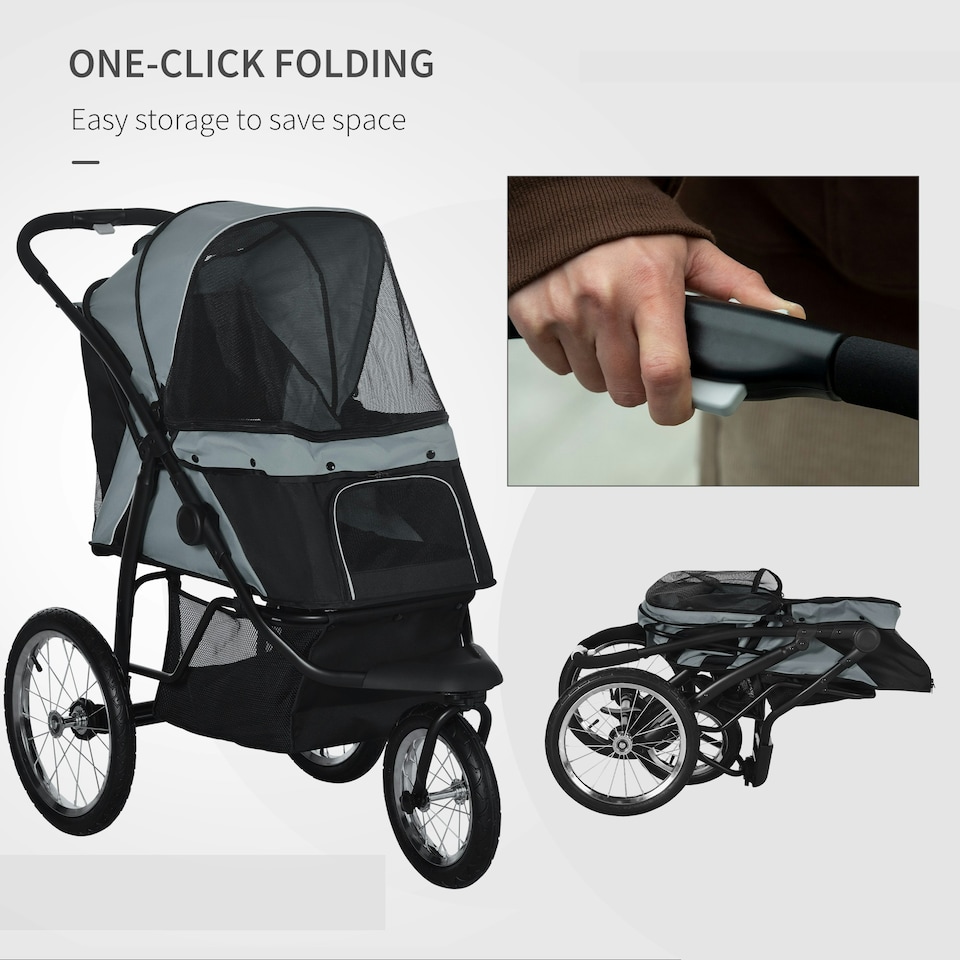 image 1 of PawHut 3 Wheel Pet Stroller, for Medium Small Dogs, Foldable Cat Pram - Grey