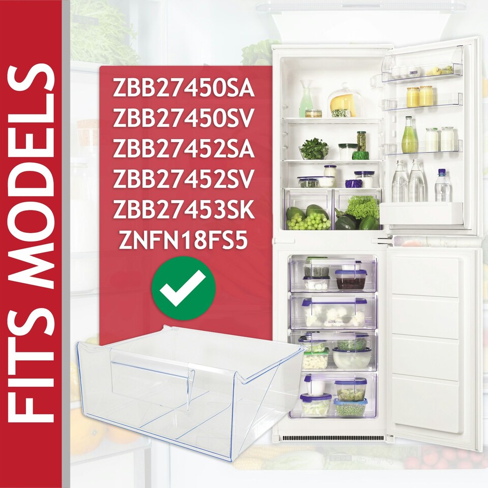 image 1 of SPARES2GO Lower Drawer for Zanussi ZBB27450 ZBB27452 ZBB27453SK ZNFN18FS5 Fridge Freezer 2nd from Bottom Container Box Clear