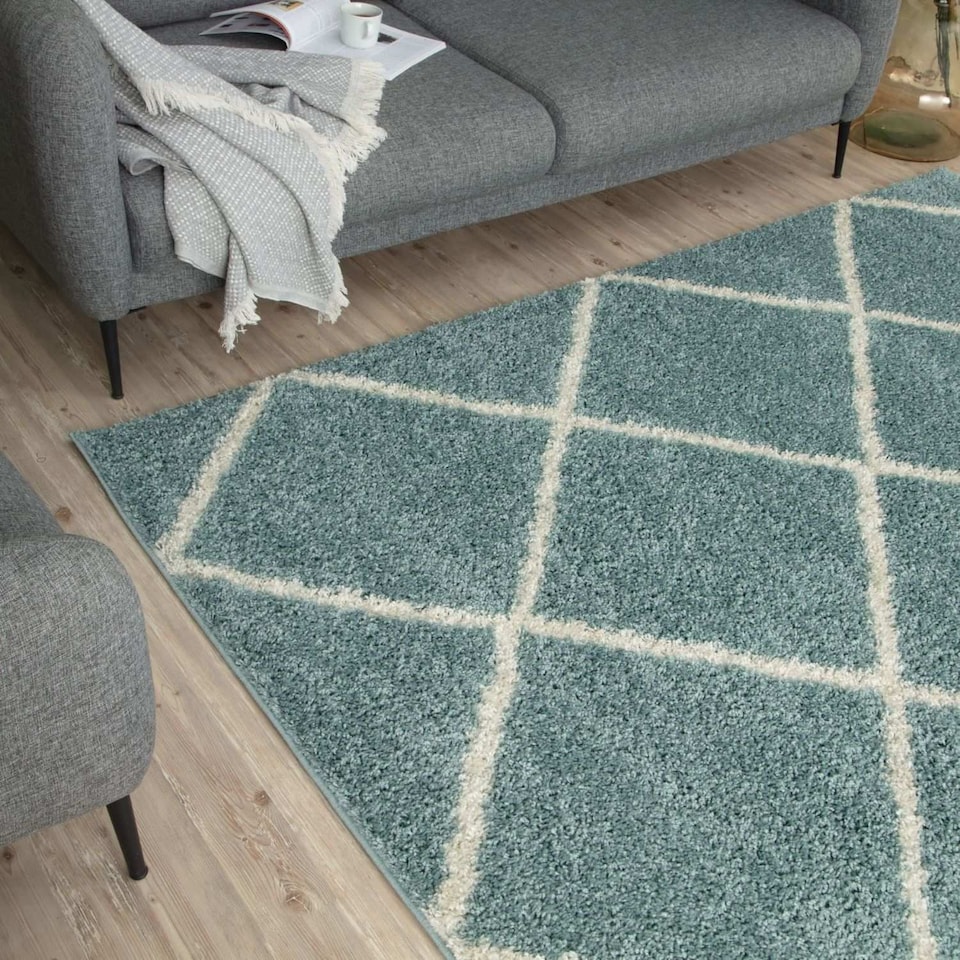 image 1 of The Rugs Moroccan Collection Soft High Pile Shaggy Diamond Floor Rugs and Runners Living Room