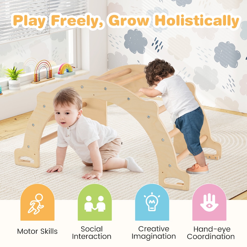 image 1 of COSTWAY Kids Montessori Wooden Climber Toy Climbing Arch Sensory Table-Natural