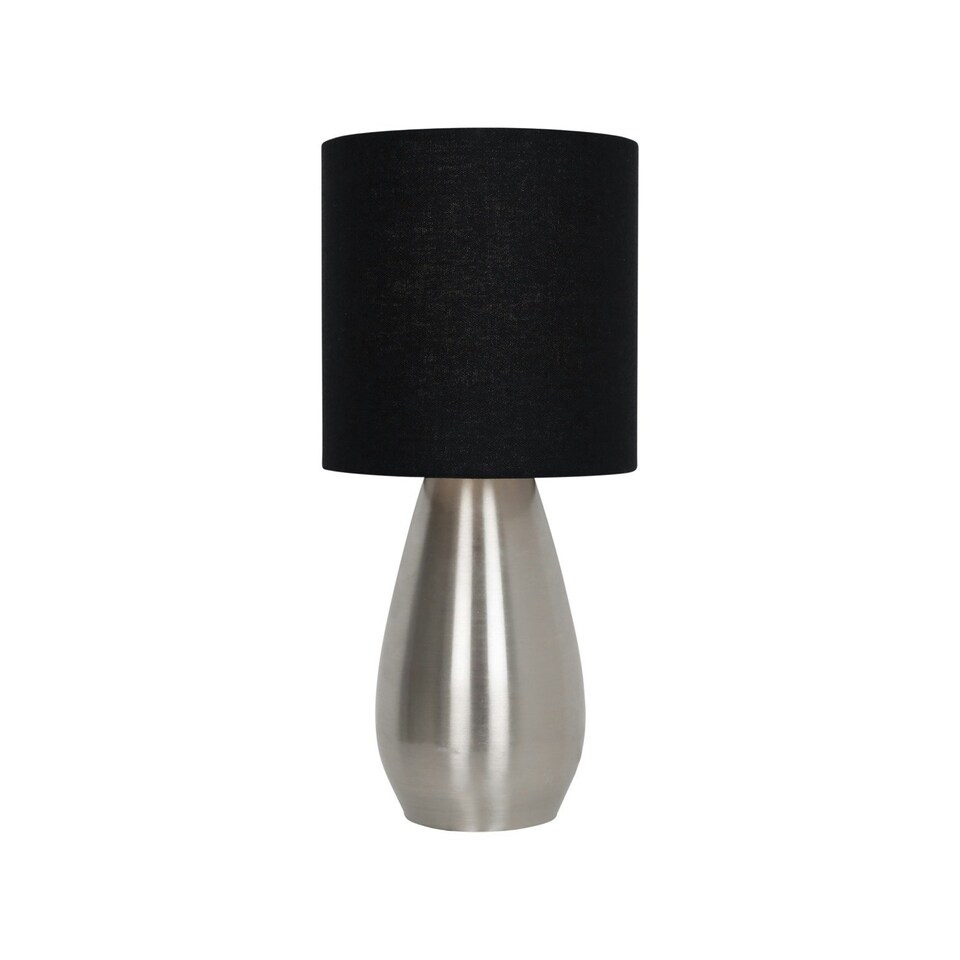 image 1 of First Choice Lighting Bullet Satin Nickel Touch Table Lamp with Black Fabric Shade Silver | Black