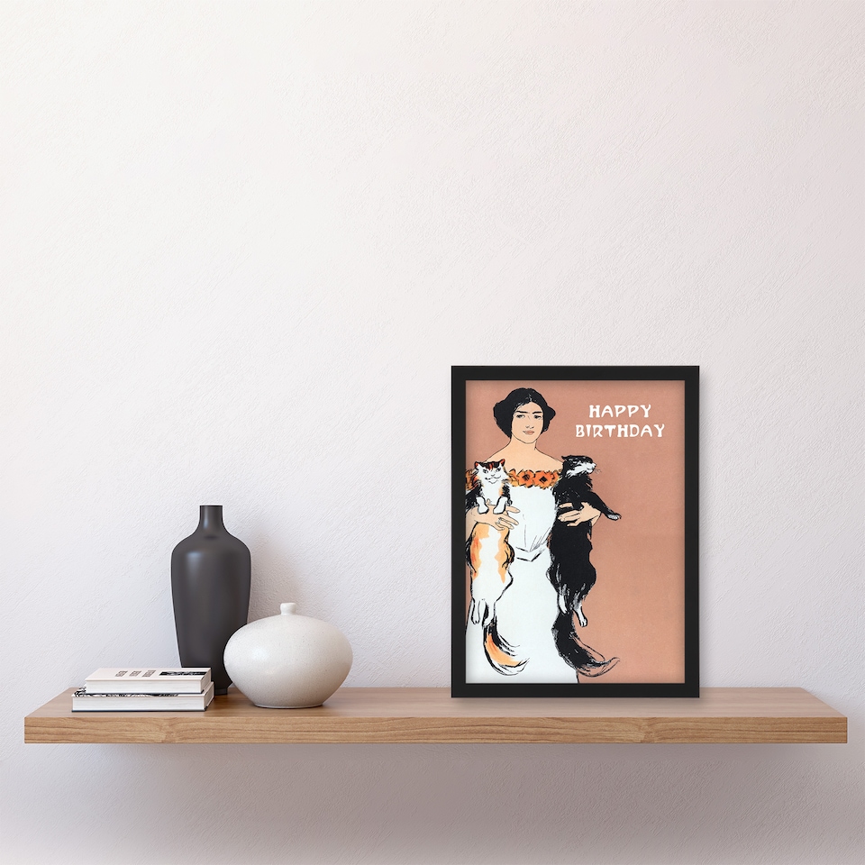 image 1 of Edward Penfield Framed Wall Art Print Woman Holding Two Cats Drawing Home Décor