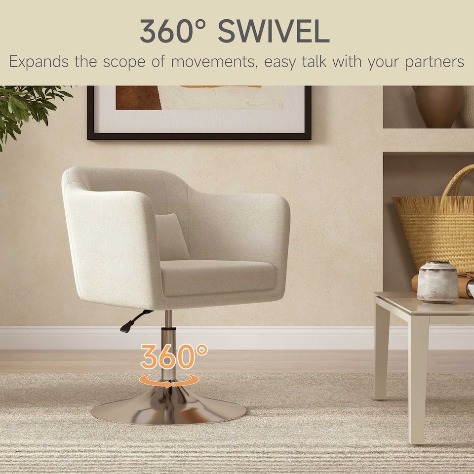 image 1 of HOMCOM Swivel Linen Fabric Accent Chair for Living Room Contemporary Vanity Armchair with Adjustable Height Thick Cushion Lumbar Support Armrest for Bedroom Office Cream White