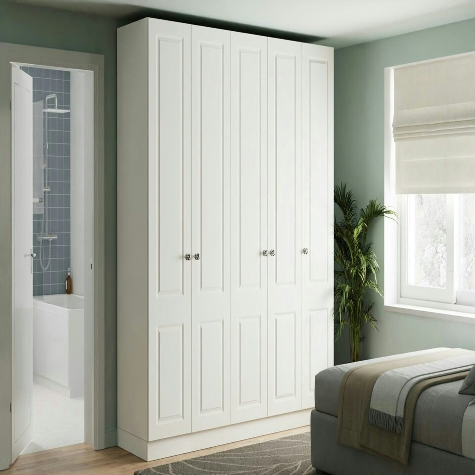 image 1 of Classic Square Panel White Single Wardrobe with Shelves White