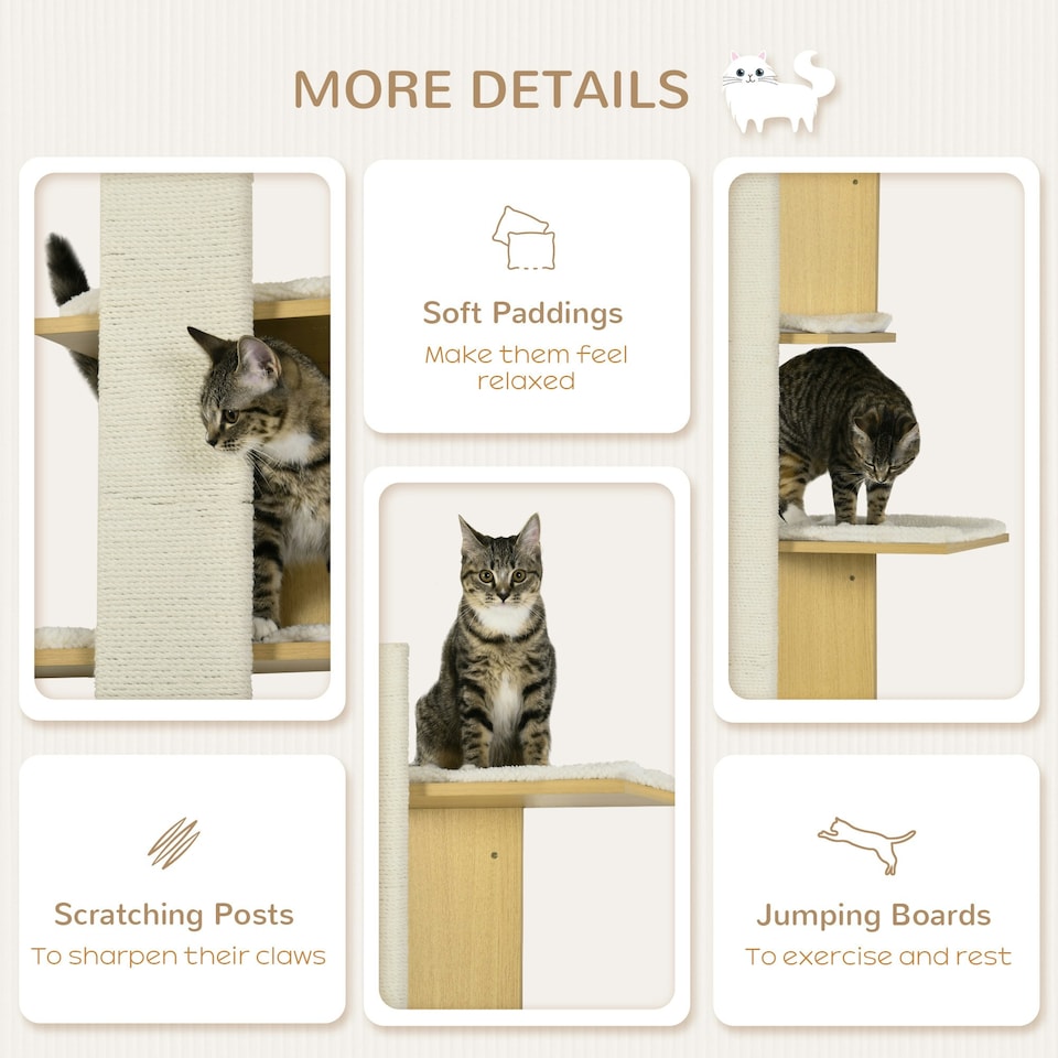 image 1 of PawHut Cat Wall Furniture 4-Layer Wall Mounted Shelf with Cushions Oak Tone