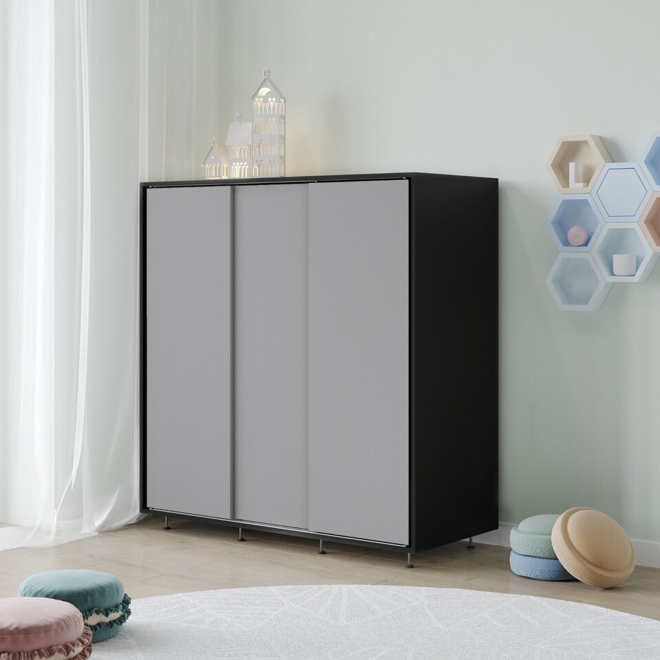 image 1 of 120cm 3 Sliding Doors Children Kids Wardrobe Bedroom Storage Closet Hanging Rail | Multi | Black with Grey Doors | 1