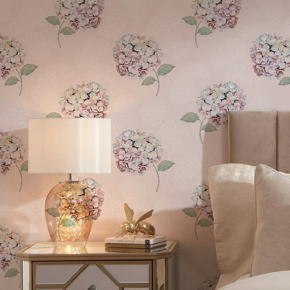 image 1 of Hydrangea Harmony Wallpaper in Soft Pink Multi