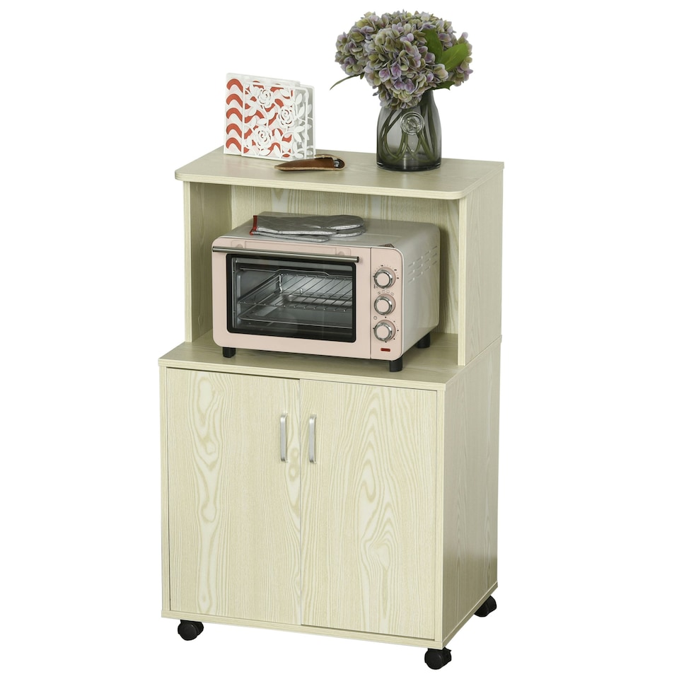 image 1 of HOMCOM Kitchen Storage Unit Microwave Cart Trolley w/ Cabinet Wheels Shelf Oak