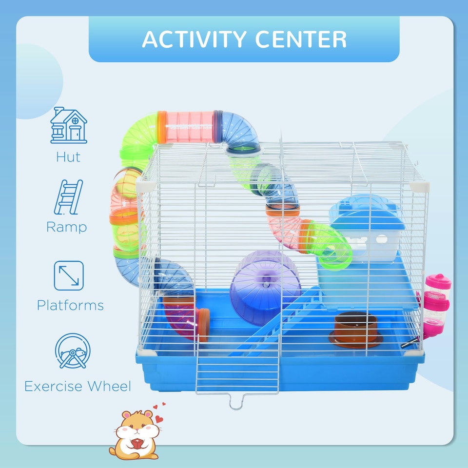 image 1 of Pawhut Hamster Cage Carrier Small Animal House w/ Exercise Wheels Tunnel Tube