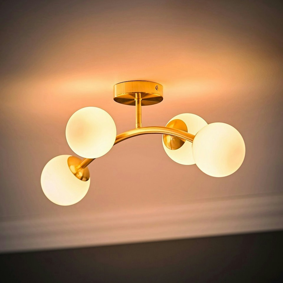image 1 of ValueLights Jas Gold 4 Way Ceiling Light with Opal White Frosted Glass Globe Shades