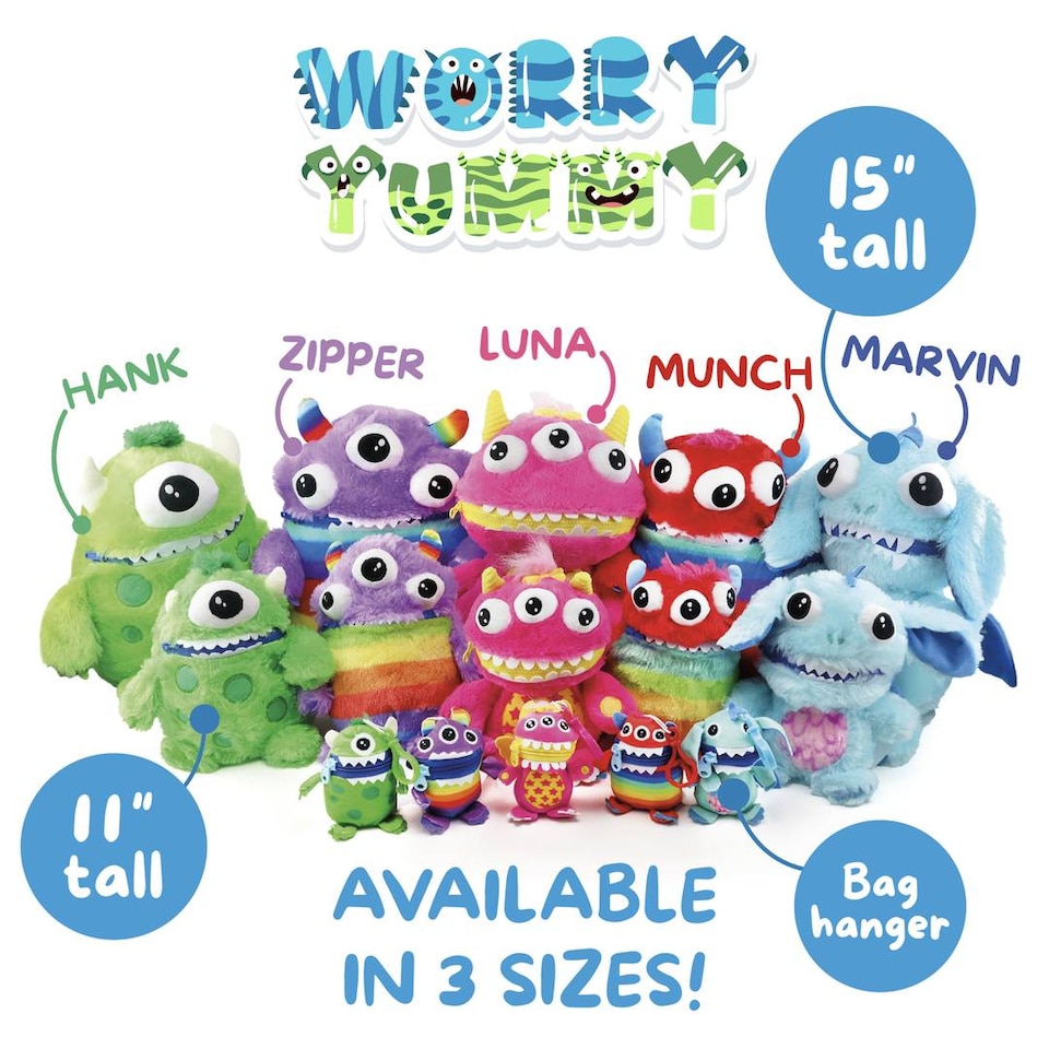 image 1 of Kids Worry Yummy Monster Clip-On Keyring Bag Charm Pram Pack of 5 Multicoloured Soft Toy Set