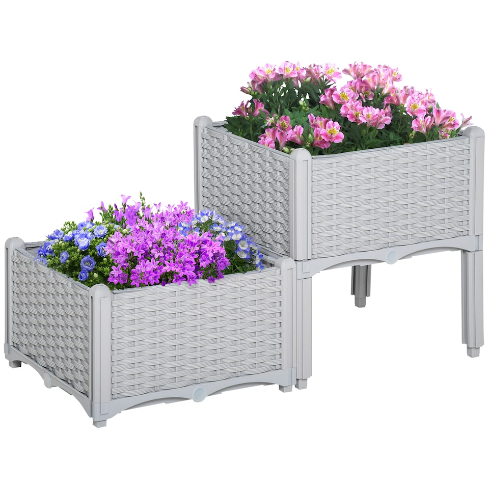 image 1 of Outsunny 2-pieces Elevated Flower Bed Vegetable Herb Planter Plastic, Grey