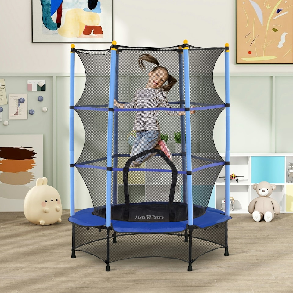 image 1 of HOMCOM 4.6FT Kids Trampoline with Enclosure Net for Ages 3-10 Years Blue