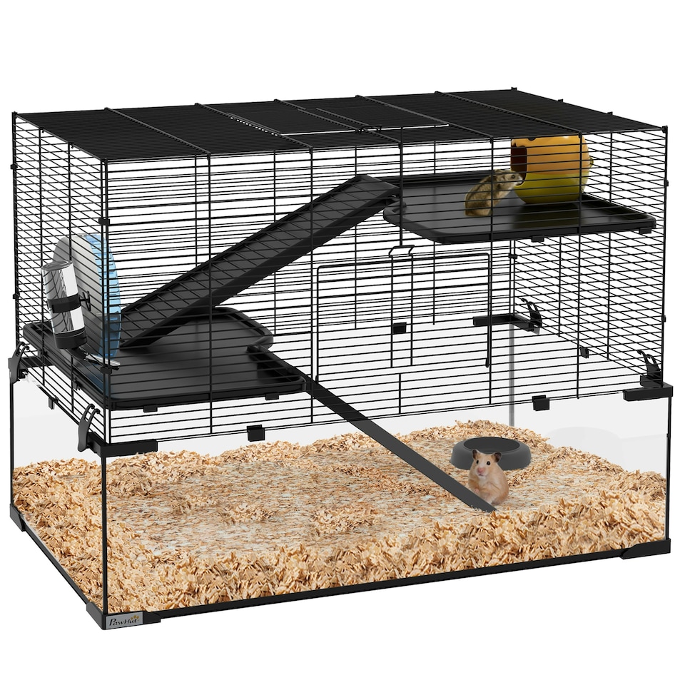 image 1 of PawHut 3 Tiers Hamster Cage w/ Deep Glass Bottom, Dish, Hut 78.5x48.5x54.5cm