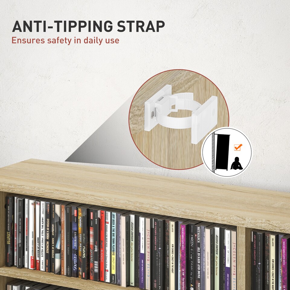 image 1 of HOMCOM 720 CD396 DVD Storage Unit, 396 Blu-ray Media Storage Shelf with 16 Compartments and 12 Adjustable Shelves, CD Tower for Living Room, Bedroom, Office, Nature Wood Finish | Brown