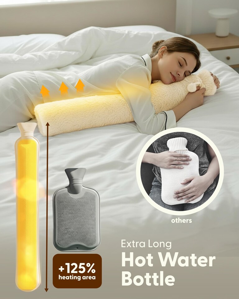 image 1 of Keplin Extra Long Hot Water Bottle 2 Litre Natural Rubber with Fleece Cover