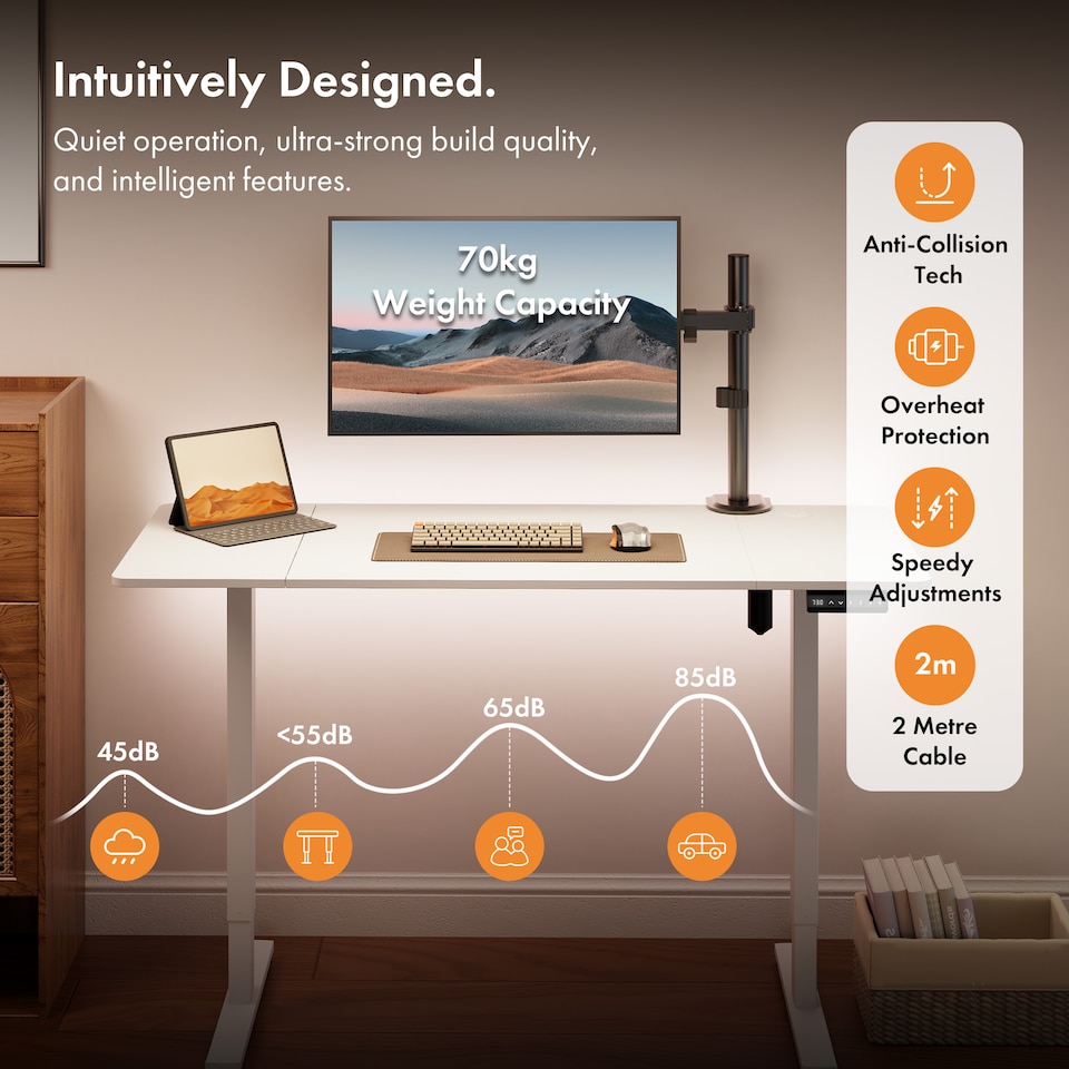 image 1 of Vonhaus White Height Adjustable Standing Desk 140x60cm