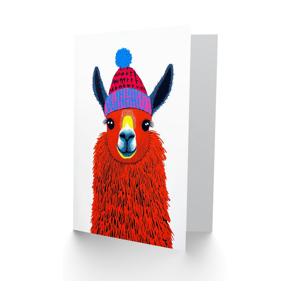 image 1 of Greeting Card Cute Llama With Winter Hat Bright Vibrant Pop Art For Her Woman Xmas Christmas Card