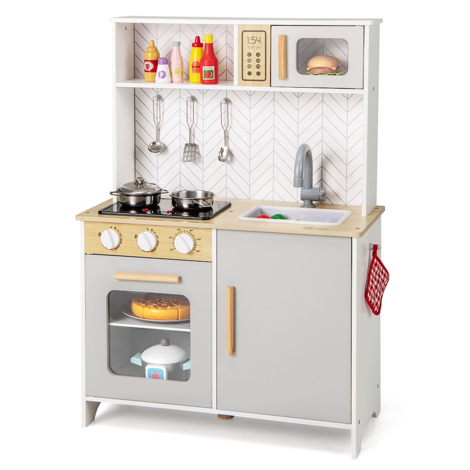 image 1 of COSTWAY Kids Kitchen Playset Pretend Play Kitchen Set with Sounds-White