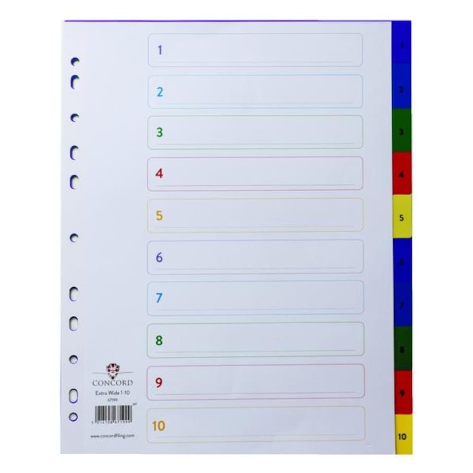 Concord Index 1-10 A4 Extra Wide Polypropylene Multicoloured