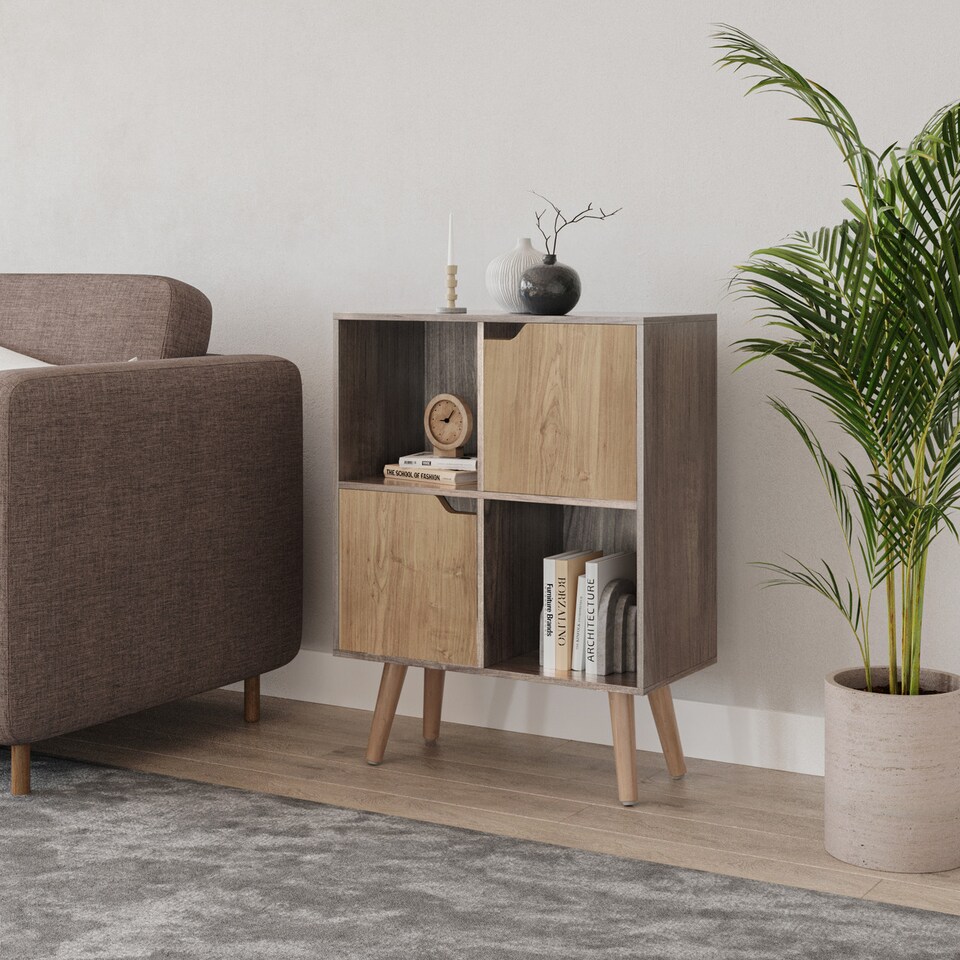 image 1 of Anthracite Oak 4-Cube Storage Unit with 2 Wooden Doors and Legs | Brown | Oak & Beech | 1