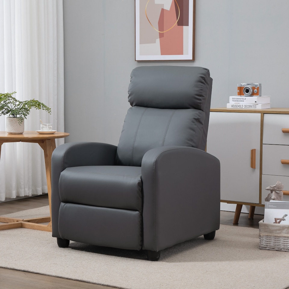 image 1 of HOMCOM Recliner Armchair, Massage Faux Leather Push Back Reclining Chair with Adjustable Leg Rest, Side Pocket, for Home Living Room Theatre, Grey