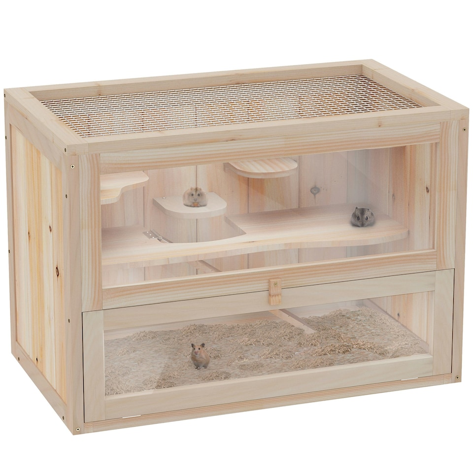 image 1 of PawHut 2 Levels Wooden Hamster Cage Mice Rodents Hutch Small Animals