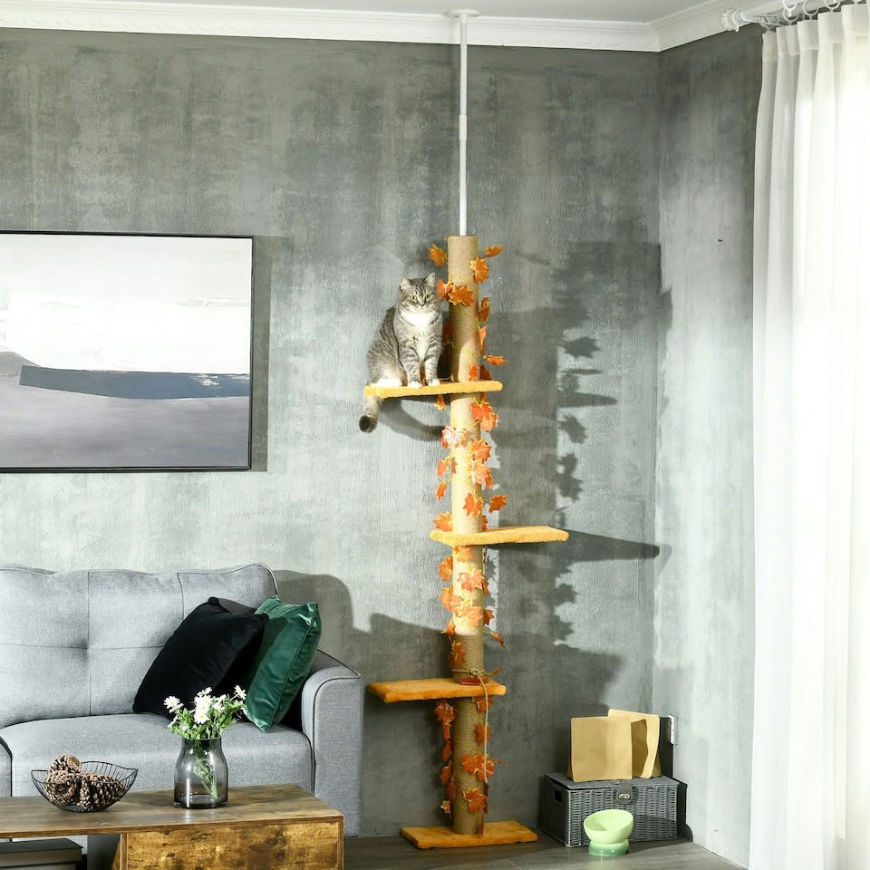 image 1 of PawHut 242cm Floor to Ceiling Cat Tree with Leaves, Scratching Post, Orange