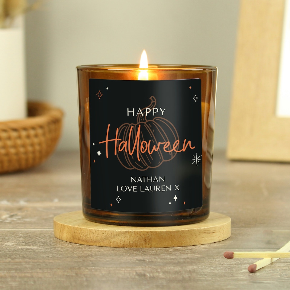 image 1 of Personalised Pumpkin Amber Glass Candle Brown