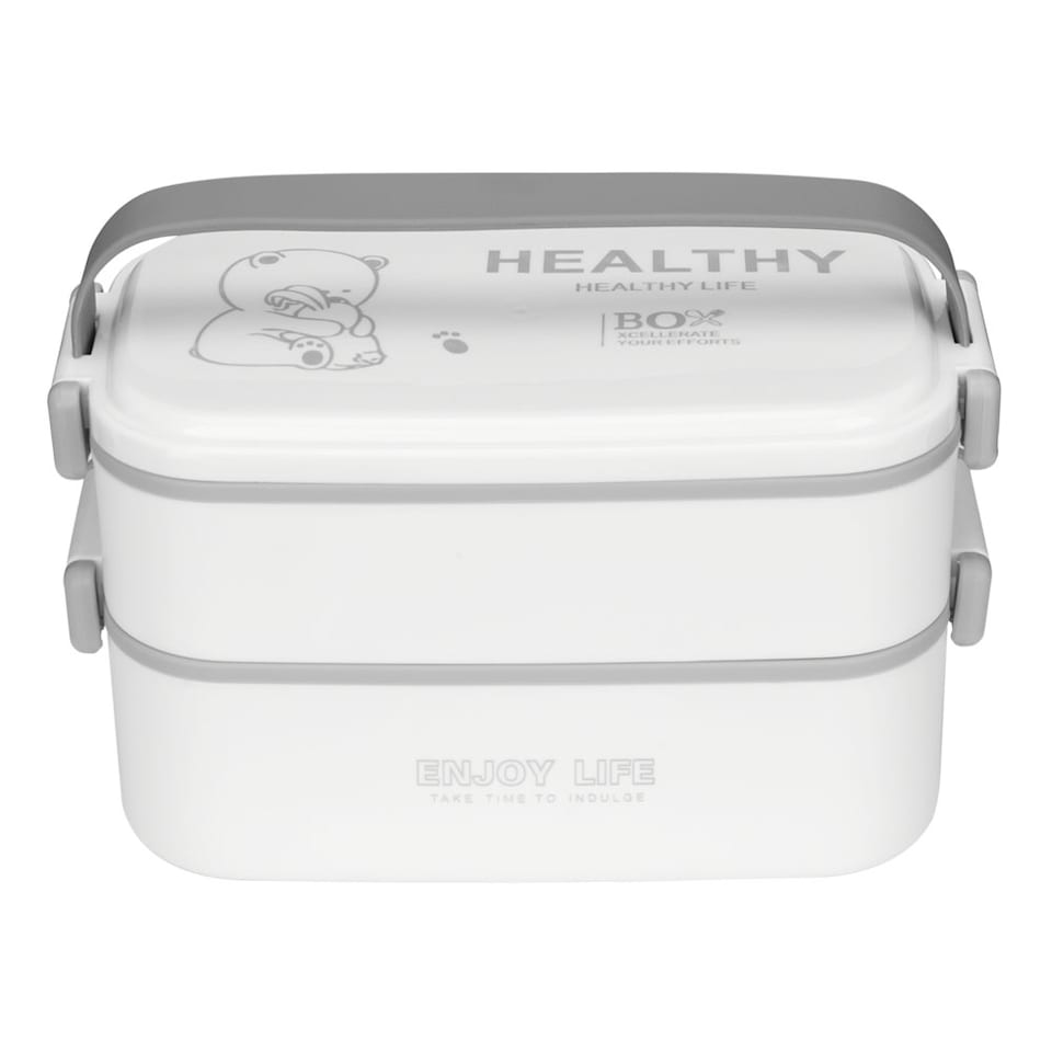 image 1 of Living and Home Stackable Bento Lunch Box with Handle 2 Layer, White, 1900ml
