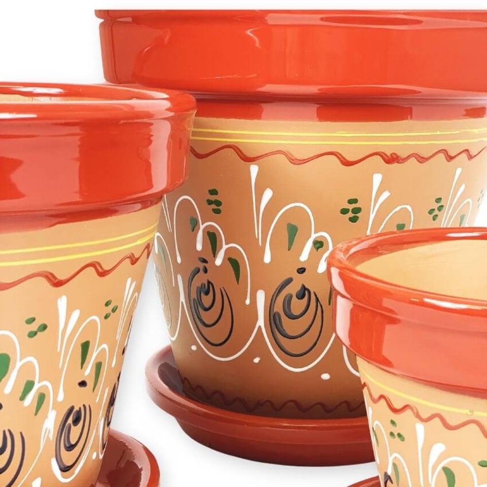 image 1 of Verano Spanish Ceramics Set of 3 Plant Pots & Drainage Plates - 16-29cm Inca Red