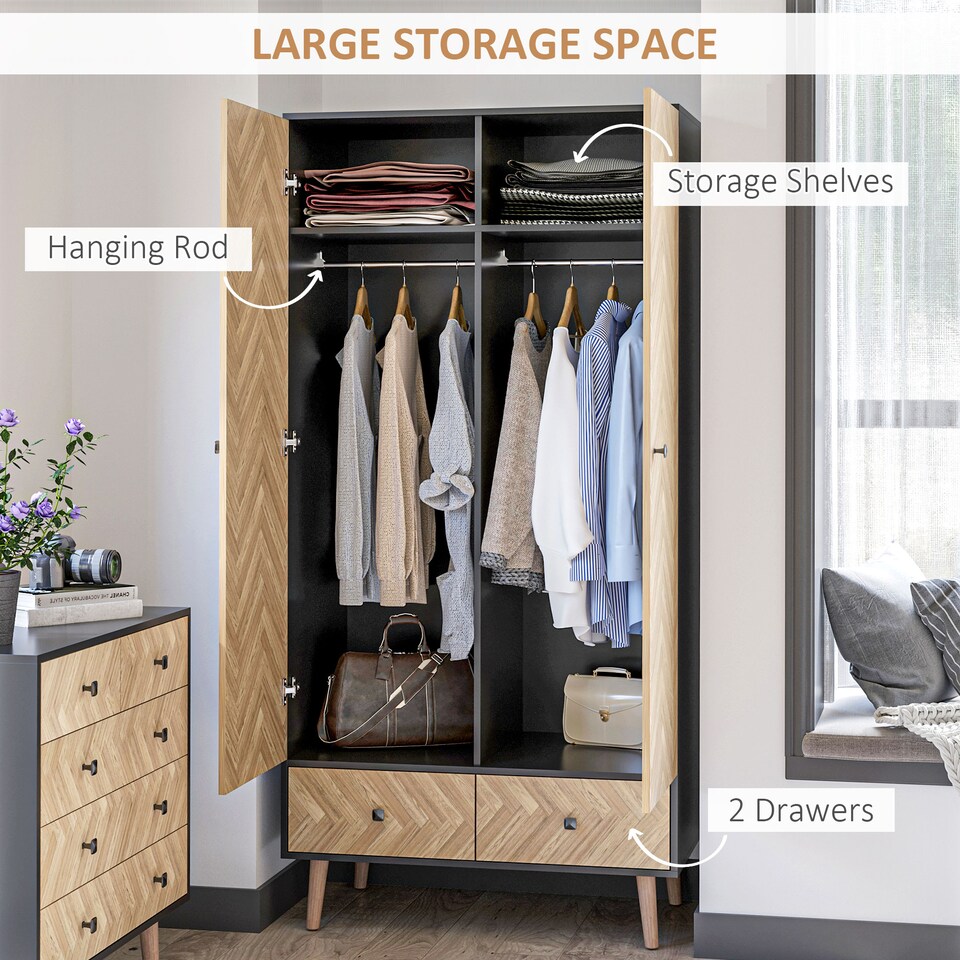 image 1 of HOMCOM Modern Wardrobe Cabinet with Shelf, Hanging Rod and 2 Drawers 90x50x190cm