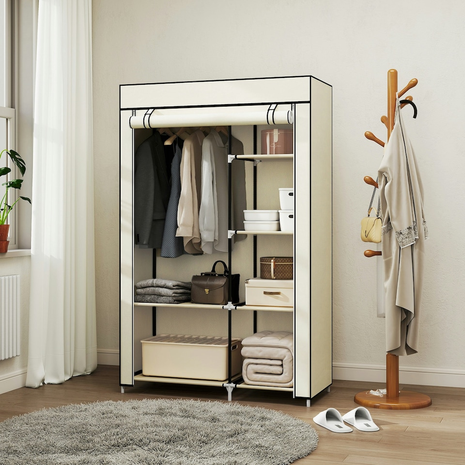 image 1 of HOMCOM Fabric Wardrobe w/ Shelves Hanging Rail Foldable Closets Cream Cream