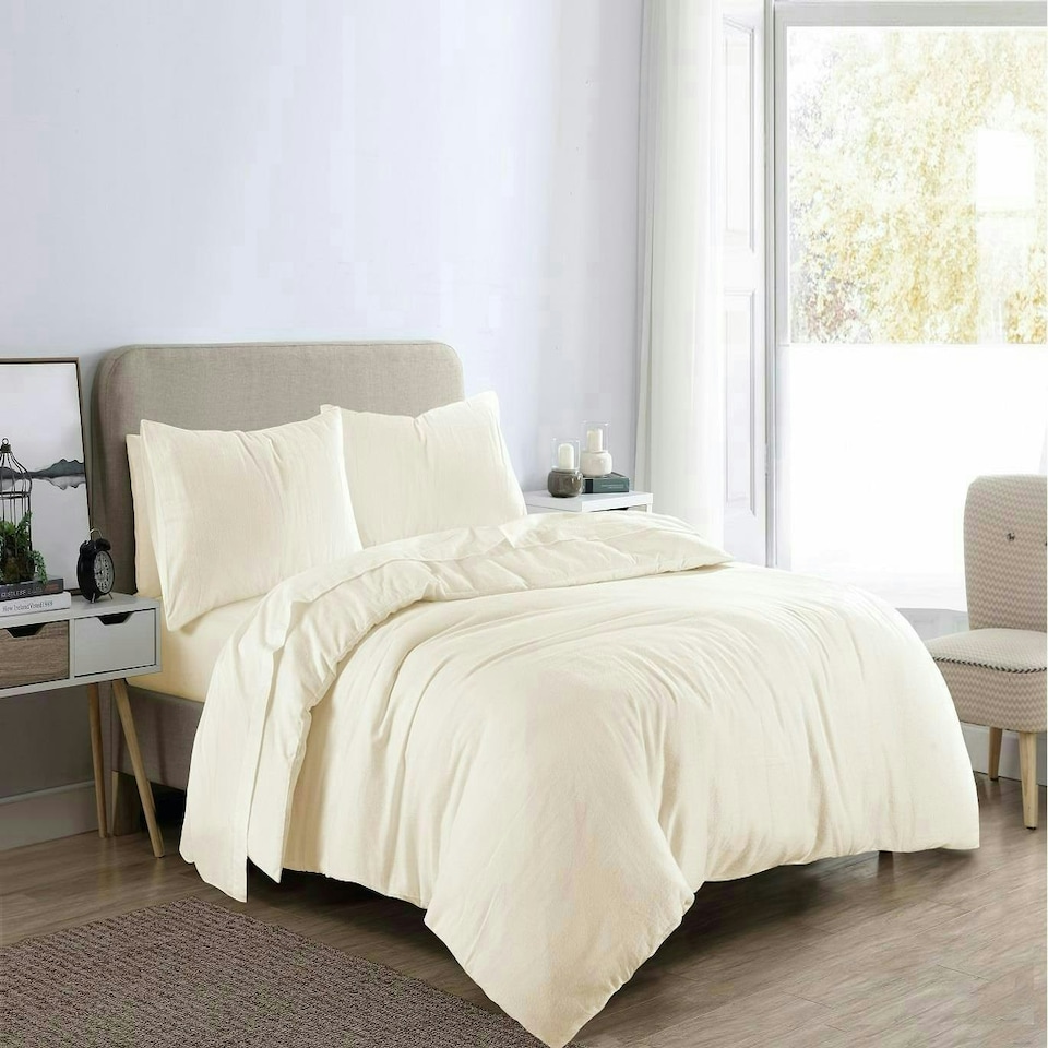 image 1 of Plain Dye Flannelette Cream Double Duvet Cover Set