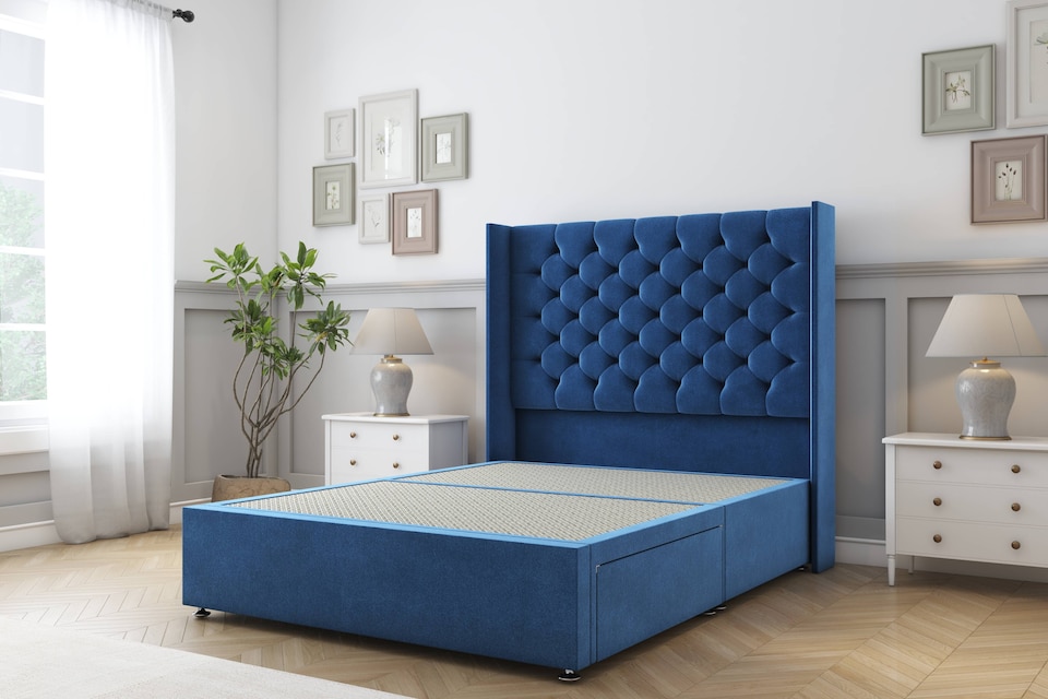 image 1 of Sloomy Dior Navy Plush Divan Bed Base No Drawers With 54 Inch Wingback Headboard | Blue | Navy | Small Single | 1