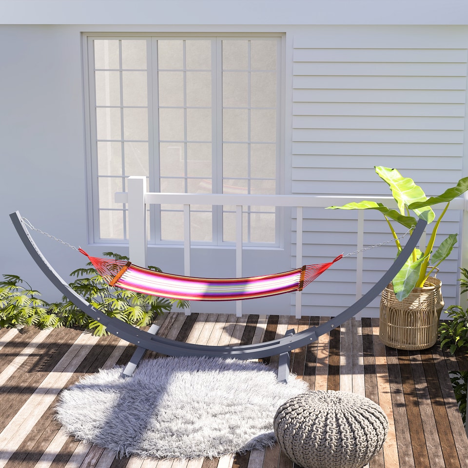 image 1 of Outsunny 3(m) Wooden Hammock Stand, 1 Person Hammock Frame with Chain and Safety Buckles, Pine Wood Arc Stand for Garden, Patio, Outdoor and Indoor, Grey | Grey | Grey