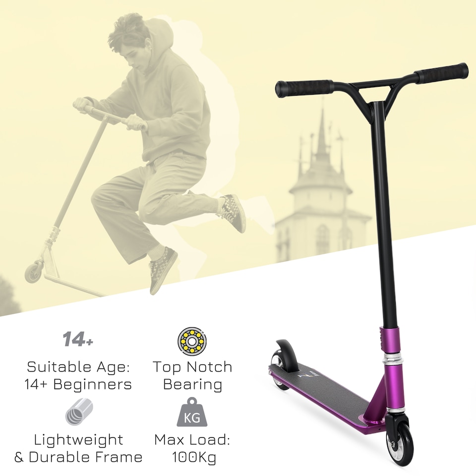 image 1 of HOMCOM Stunt Scooter Entry Level Tricks Scooter for 14+ Beginners, Purple | Purple | Purple