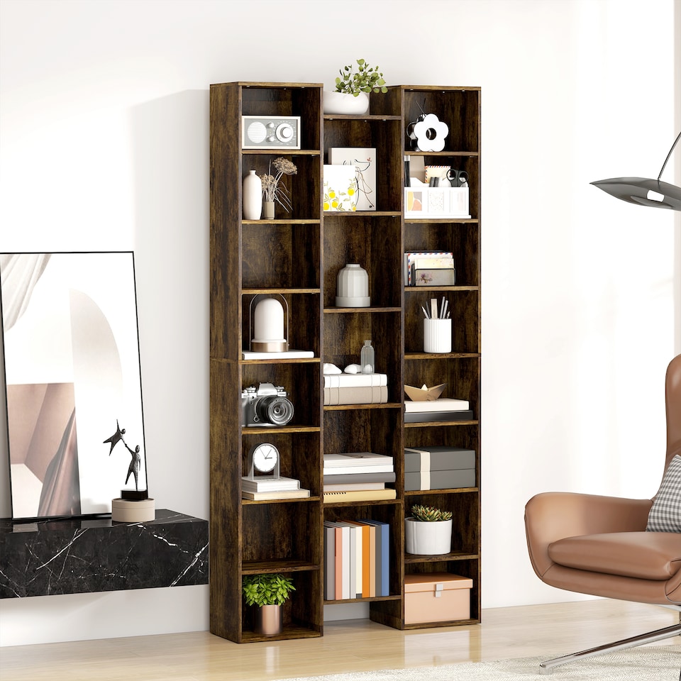 image 1 of HOMCOM 21-Cube Tall Bookcase, Modern Cube Book shelf with 10 Adjustable Shelves, Freestanding Multi-Functional Storage Unit for Living Room, Home Office, Bedroom, 181 x 89.5W cm, Rustic Brown | Brown | Rustic Brown