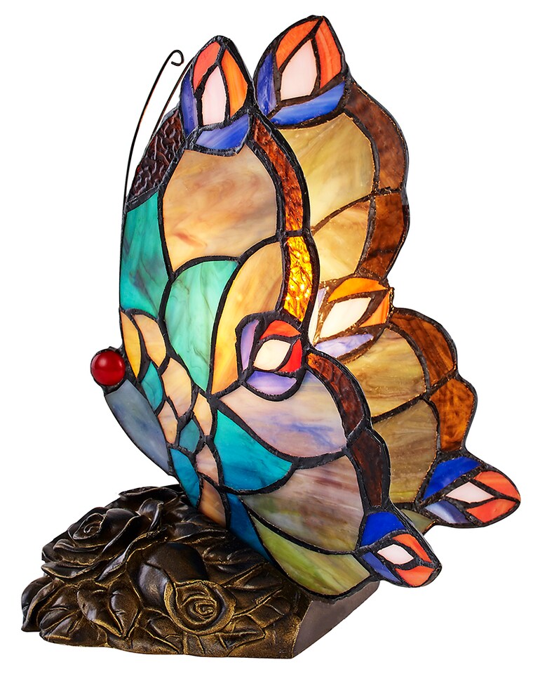 image 1 of Beautiful Handmade Multi-Coloured Glass Butterfly Tiffany Lamp with Bronze Base | Multi