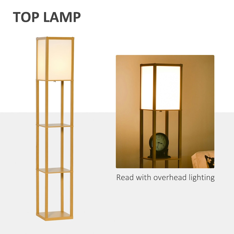 image 1 of HOMCOM Floor Lamp Reading Lamp with 3-Tier Storage Shelf for Home Office Natural