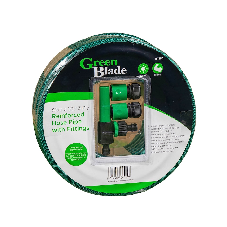 image 1 of 30m Reinforced Garden Hose Pipe / Hosepipe in Green with Fittings | Green | Green
