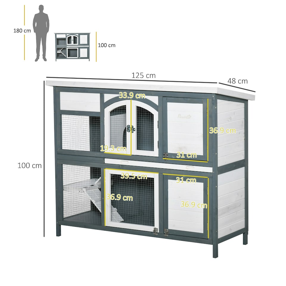 image 1 of PawHut Rabbit Hutch, Guinea Pig Hutch 2-Tier Wooden Cage w/ Ramp Roof, Grey