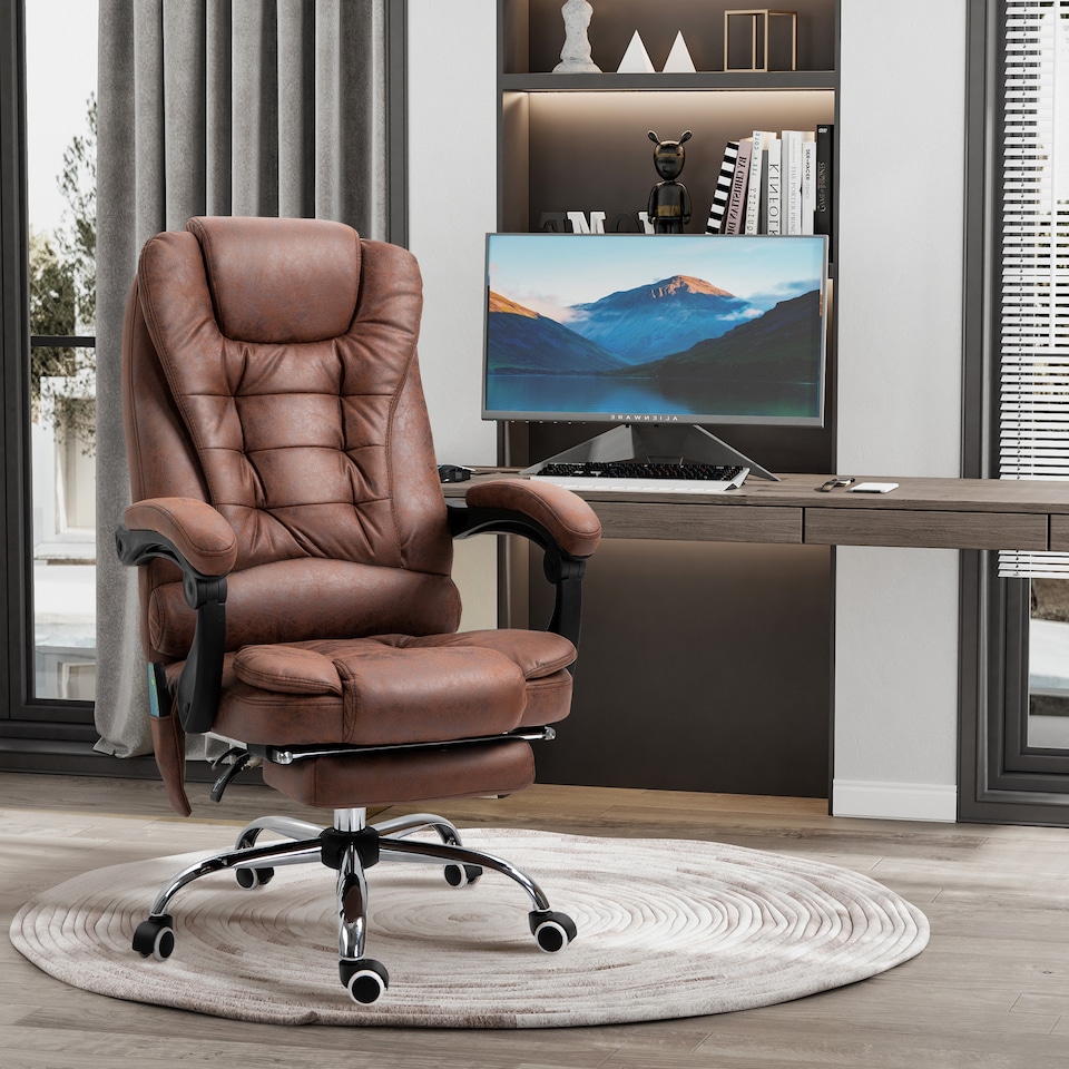 image 1 of Vinsetto Office Chair with 6 Point Massage and Back Heat, Microfiber Desk Chair with Footrest Adjustable Height and Swivel Wheels, Back Reclining, Brown
