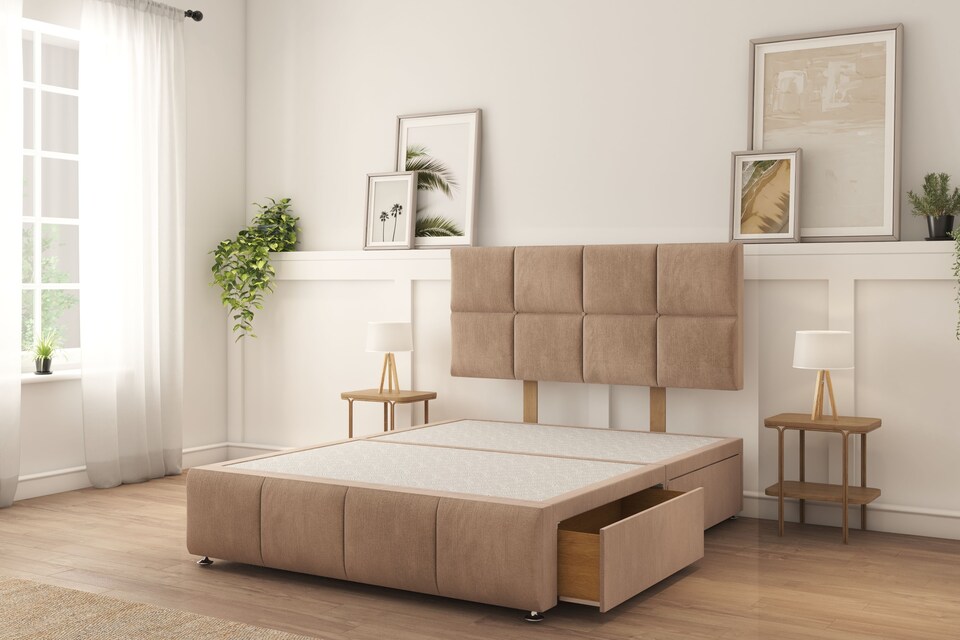 image 1 of Sloomy Sterling Mink Naples Divan Bed With Mattress 2 Drawers Right 26" Strutted Headboard & 12" Footboard 4'6 Double