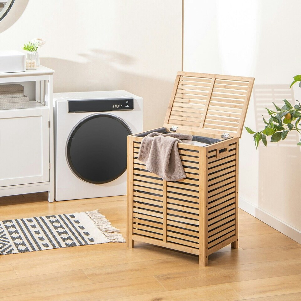 image 1 of COSTWAY 80 L Bamboo Laundry Hamper Clothes Laundry Basket Brown