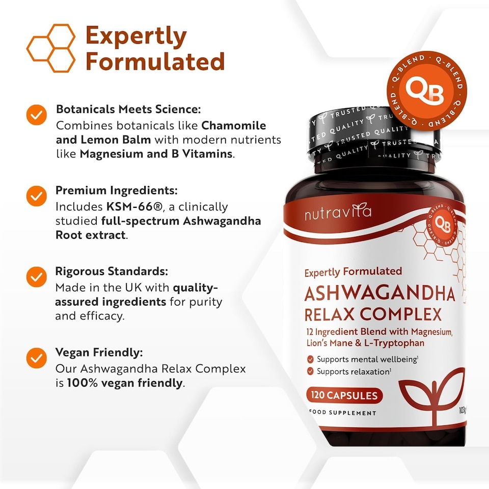 image 1 of Nutravita Ashwagandha KSM-66 7200mg Before Extraction - Relax Complex with Magnesium & L-Tryptophan - Supports Mental Wellbeing - 120 Capsules