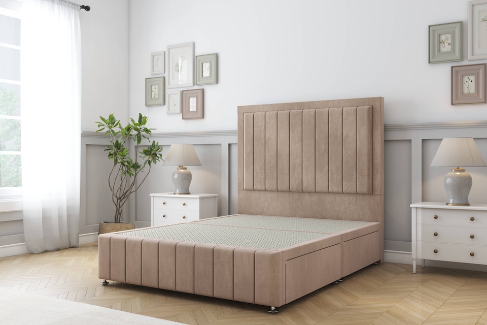 image 1 of Sloomy Pemberton Mink Naples Divan Bed Base No Drawers With 26 Inch Strutted Headboard & 12 Inch Matching Footboard | Brown | Mink | Super King | 1