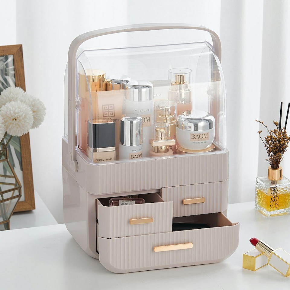 image 1 of Living and Home Desktop Makeup Storage Organizer with 3 Drawers - White